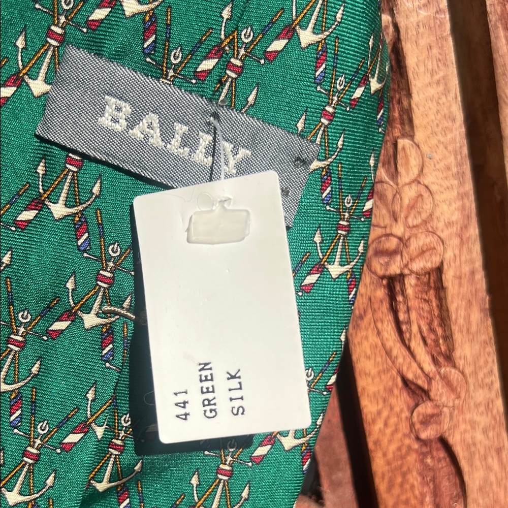 🌀 NWT Bally Green Nautical Theme Silk Tie with Red Stripe Details - Picture 7 of 7